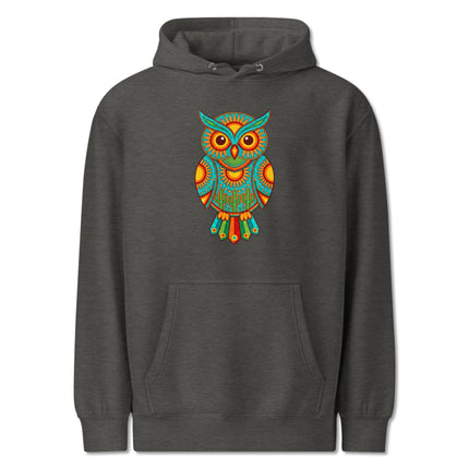 Vibrant owl graphic hoodie featuring Mexican Huichol tribal folk art design print.