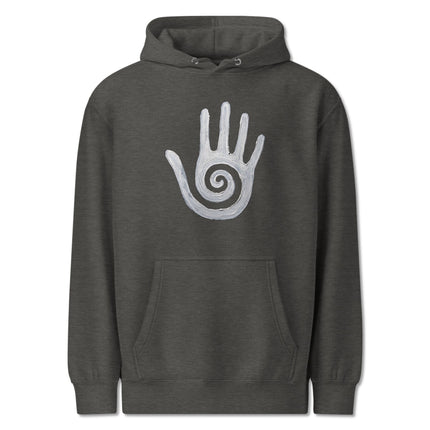 Hopi healing hand and spiral symbol design printed on a comfortable pullover hoodie.