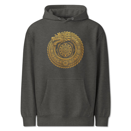 Gold mandala sacred geometry hoodie featuring a detailed feathered serpent design print.