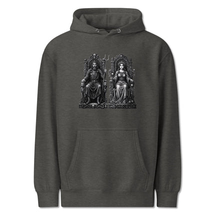 Hades and Persephone Underworld King Queen throne graphic on Greek mythology hoodie.