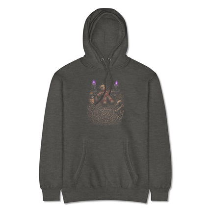 Gothic dark magic hoodie featuring occult pentagrams, ritual tables, and doll art pullover design.