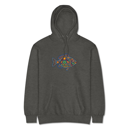 Colorful Huichol Mexican art hoodie featuring vibrant fish, deer, and sun folk patterns.