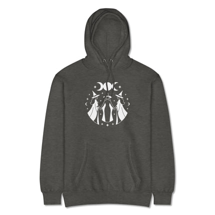 Moon phase graphic hoodie featuring celestial symbols and Triple Goddess artwork.