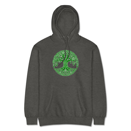 Emerald green Celtic Tree of Life knotwork graphic printed on a comfortable pullover hoodie.