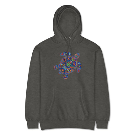 Colorful Huichol turtle art pullover hoodie featuring vibrant Mexican folk designs on fleece.