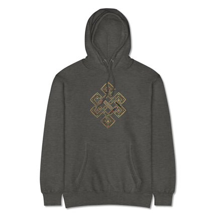 Unisex pullover fleece hoodie featuring the Endless Knot Tibetan Buddhist symbol graphic.
