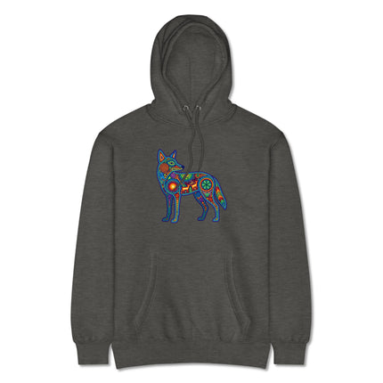 Indigenous Mexican folk art pullover hoodie featuring colorful Huichol coyote design.