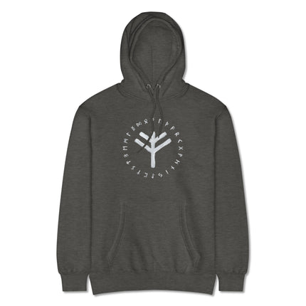 Black Norse hoodie featuring the Fehu wealth bind rune and ancient Elder Futhark symbols.