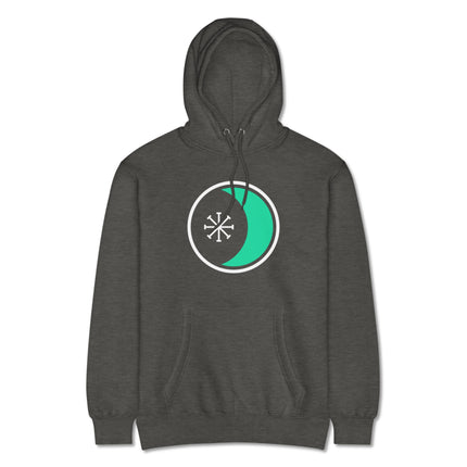 Pagan wicca hoodie featuring seax, moon, and star symbols graphic design.