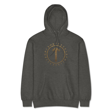 Norse Tiwaz Tyr rune circle hoodie featuring Viking mythology designs.