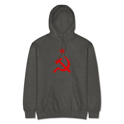 Communist socialist pullover hoodie featuring red star, hammer, and sickle graphic design.