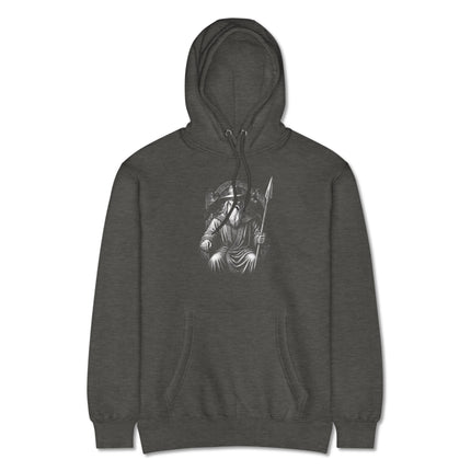 Norse gods Odin and Frigg ravens design printed on a cozy pullover hoodie for Viking fans.