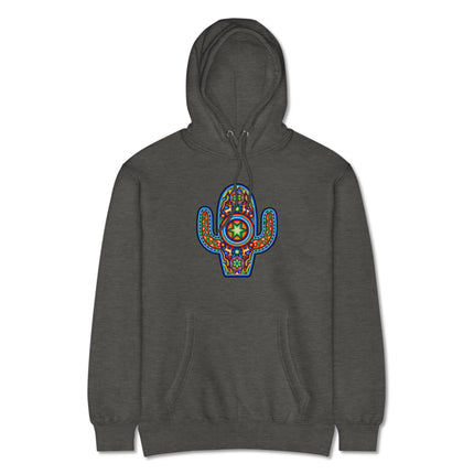 Vibrant Huichol art cactus design printed on a pullover hoodie featuring Mexican indigenous patterns.