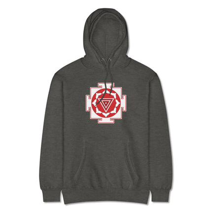 Spiritual Kali Yantra sacred geometry symbol printed on a pullover hoodie design.