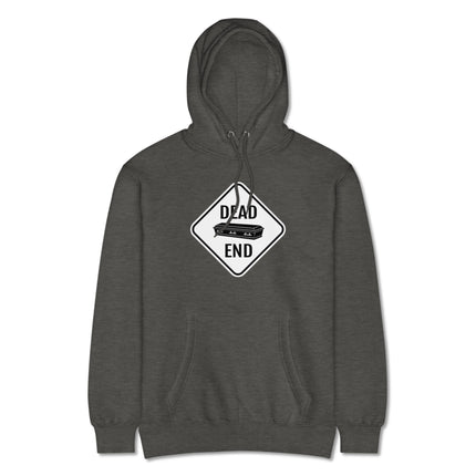 Dead end coffin road sign graphic on dark pullover fleece hoodie.