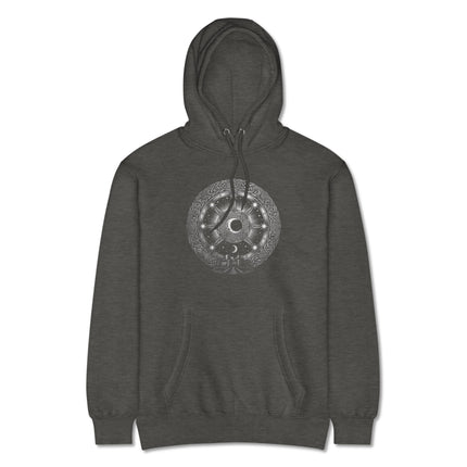 Celtic mythology lunar chart hoodie featuring Arianrhod's silver wheel celestial design.