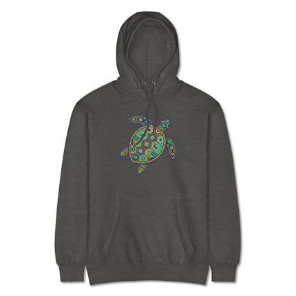 Tribal Huichol sea turtle graphic hoodie pullover with vibrant colors and fleece print.