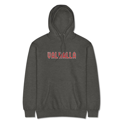 Valhalla Norse mythology graphic hoodie with viking-themed text print pullover fleece.