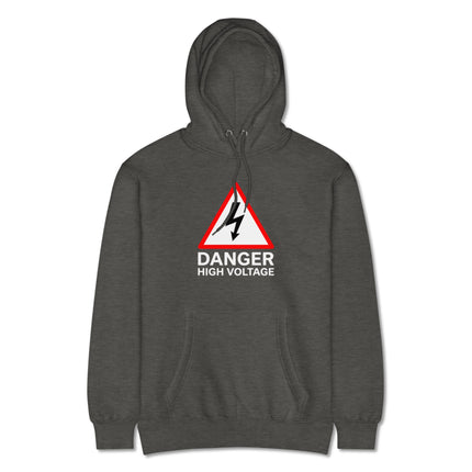 Black hoodie featuring a danger high voltage electrical warning sign graphic pullover.