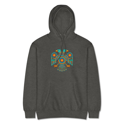 Vibrant Huichol two-headed eagle folk art design on a pullover hoodie.