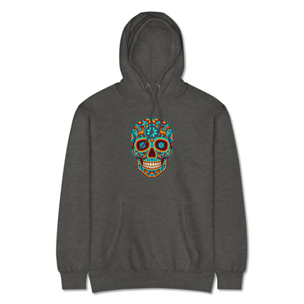 Colorful Huichol sugar skull design on a Day of the Dead pullover hoodie.