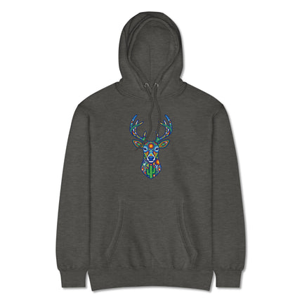 Vibrant Huichol deer art hoodie featuring Mexican indigenous folk patterns on a pullover design.
