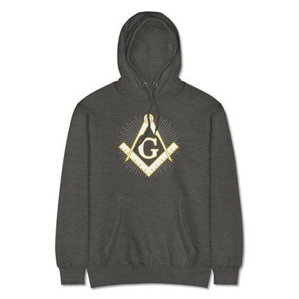 Masonic Square and Compass emblem printed on fleece pullover hoodie for Freemasonry art fans.