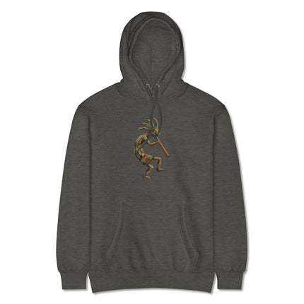 Kokopelli flute player graphic on a southwestern themed hoodie featuring Native American art.