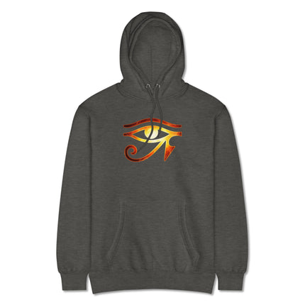 Ancient Egyptian Eye of Ra sun god graphic on a fiery pullover hoodie fleece.