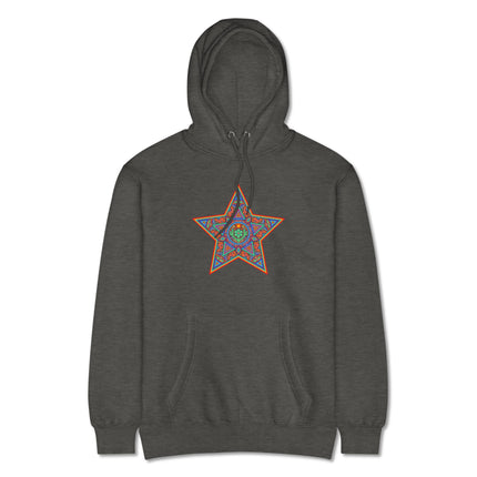 Vibrant Huichol star pattern hoodie featuring geometric indigenous art on fleece pullover.