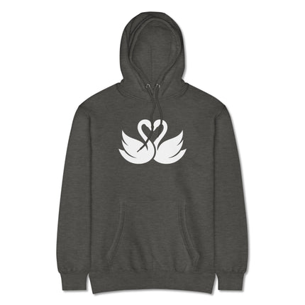 Elegant white swan couple graphic on a cozy love heart pullover hoodie.