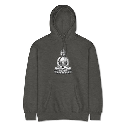 Zen meditating Buddha graphic print on comfortable spiritual pullover hoodie.