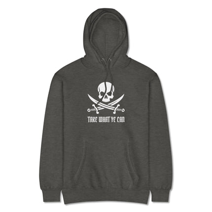 Jolly Roger skull and sabers hoodie featuring the "Take What Ye Can" pirate quote.