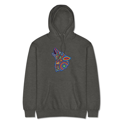 Vibrant Huichol folk art howling wolf design on a unisex pullover hoodie.