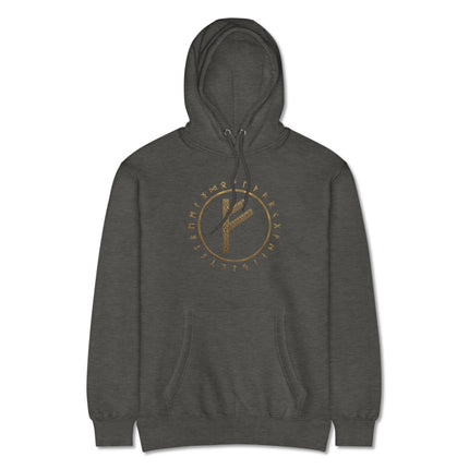 Black hoodie featuring the Fehu rune and Elder Futhark Norse Viking symbol print.