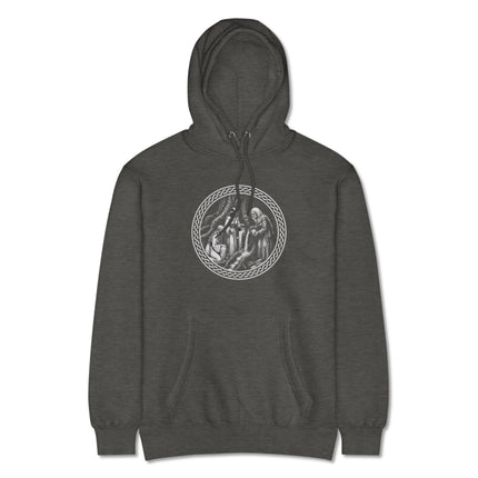 Norns mythology hoodie featuring Yggdrasil tree and Norse fate weavers graphic print.
