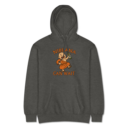 Funny baby Buddha drinking alcohol pullover hoodie featuring Nibbana Can Wait text.