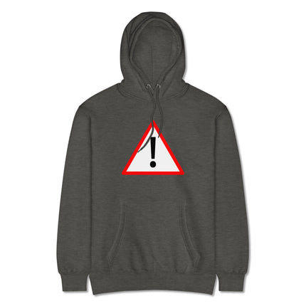 Red triangular warning sign with exclamation point on a black pullover hoodie.