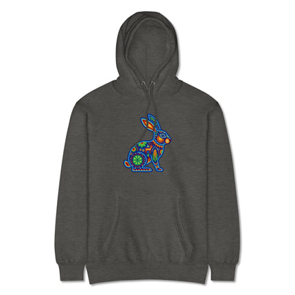 Colorful Huichol rabbit hoodie featuring vibrant Mexican folk art patterns and bright colors.