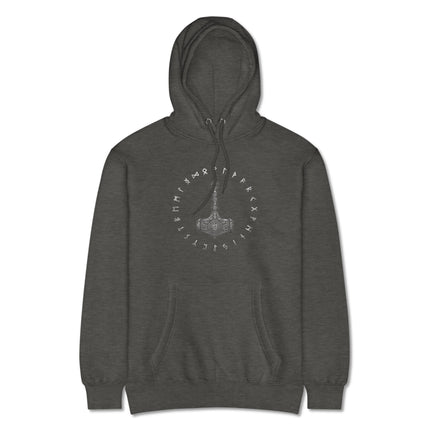 Viking Mjolnir hammer rune hoodie for men, featuring Norse mythology designs and Thor's powerful emblem.