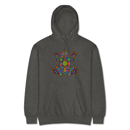 Vibrant Mexican Huichol style frog artwork printed on a fleece pullover hoodie.