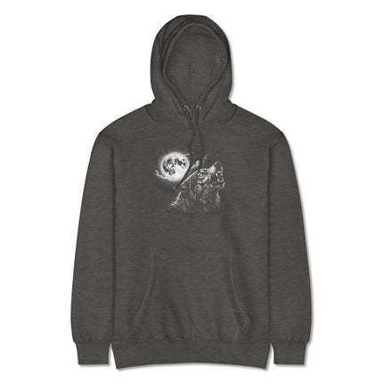 Howling wolf under a full moon night sky graphic pullover hoodie.