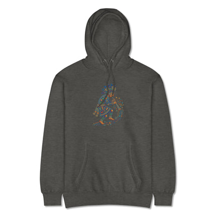 Colorful Kokopelli flute player design on a pullover hoodie featuring Native American Southwest art.