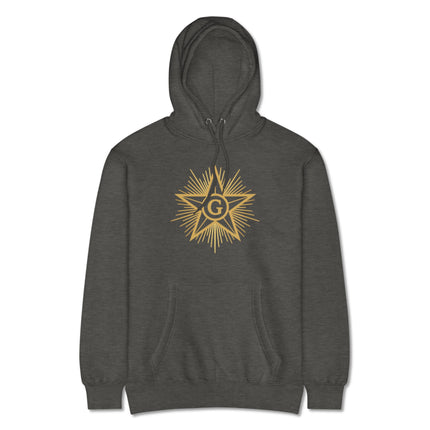 Masonic Blazing Star graphic on a pullover hoodie featuring enlightenment symbols.