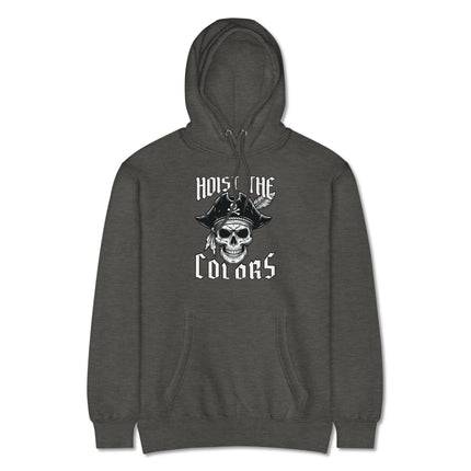 Skull pirate hoodie featuring a skull and tricorn hat graphic with "Hoist The Colors" text.