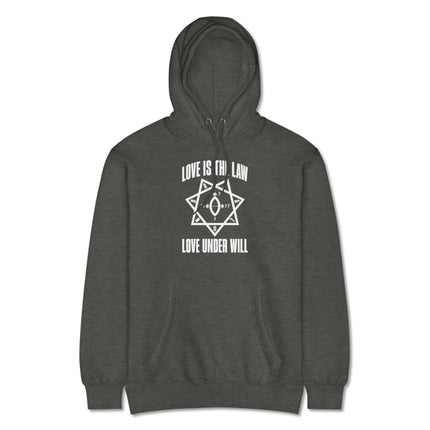 Love Is The Law occult hoodie featuring the Star of Babalon symbol and Thelema text design.