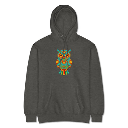 Vibrant Huichol owl graphic hoodie featuring Mexican tribal folk art design print.