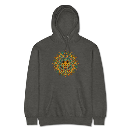Colorful Huichol Sun Hoodie featuring vibrant indigenous Mexican art graphics on a fleece pullover.