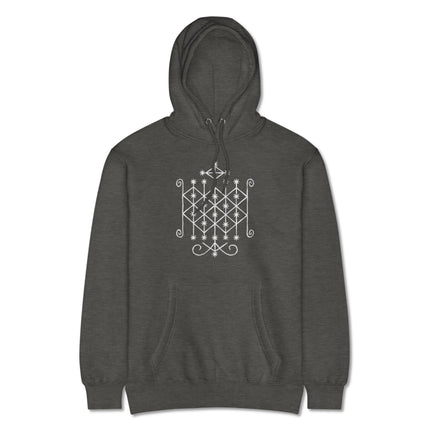 Sacred geometry Ogoun Veve hoodie featuring a boho aesthetic symmetrical pattern print.