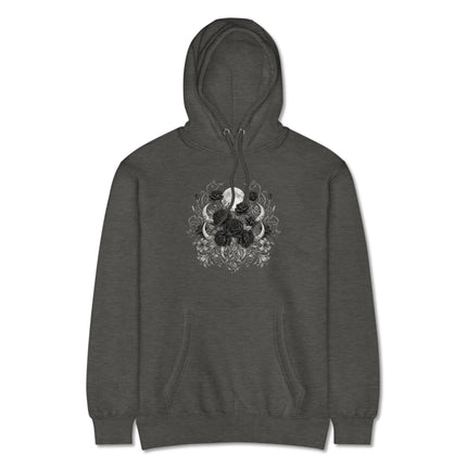 Black hoodie featuring celestial moon and gothic rose graphic design.